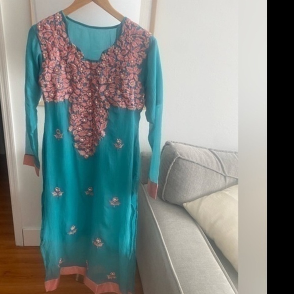 Vtg  Boho Blue Pink Embroidery Chiffon Tunic Dress Size S Summer Cover up
